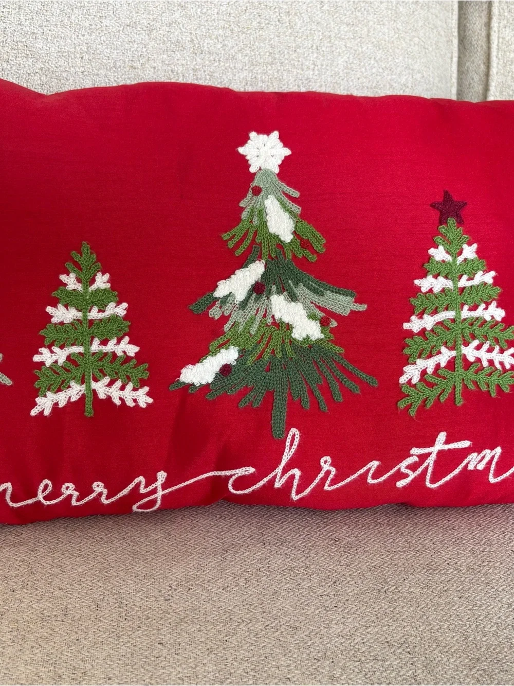 Red Embroidered Christmas Tree Holiday Pillow by